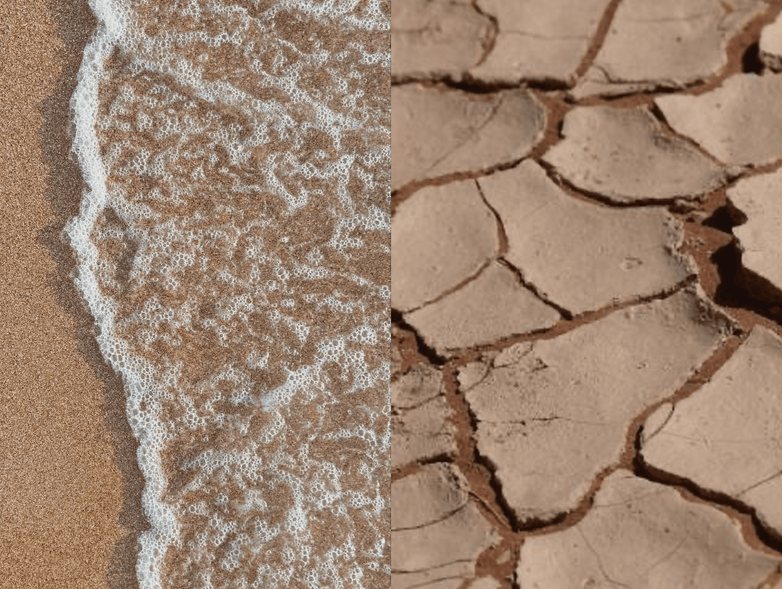 Image of a soft wave crashing unto the shore and dry, cracked land