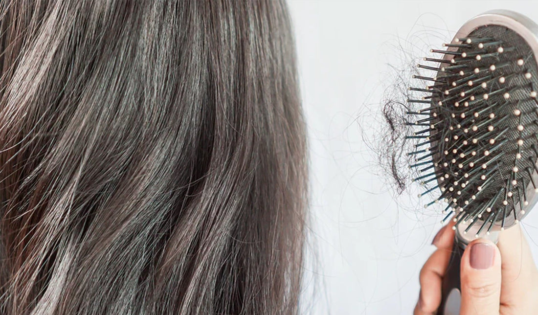 Photo of a woman with gray hair and a clump of hair on her hair brush